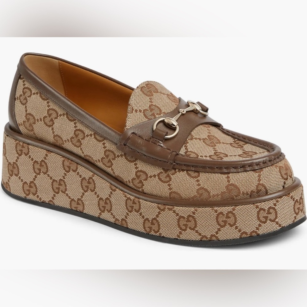 GUCCI Womens Ilde GG Supreme Canvas & Leather Flatform Loafers -Worn 1x 37.5/7.5